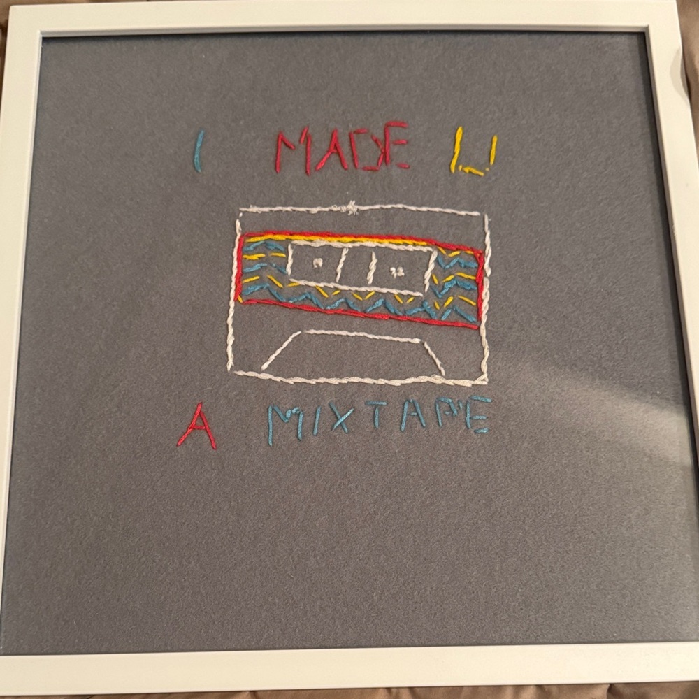 “I Made You A Mixtape” Colorful Embroidered Art in White Frame